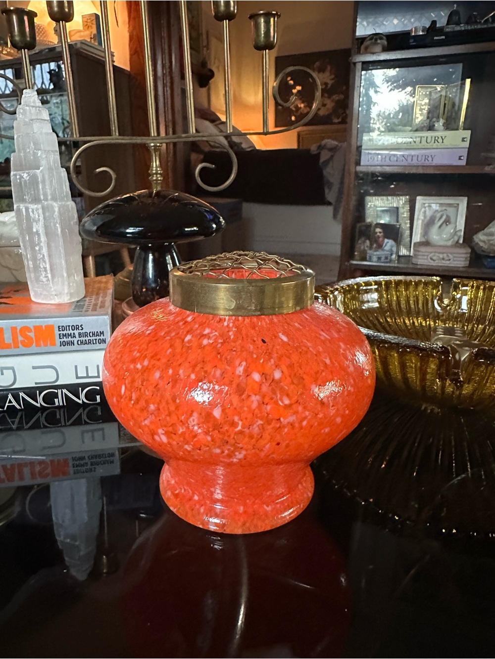 Vintage Antique Kralik Glass Spatter Flower Frog / Holder - Bohemia 1930s